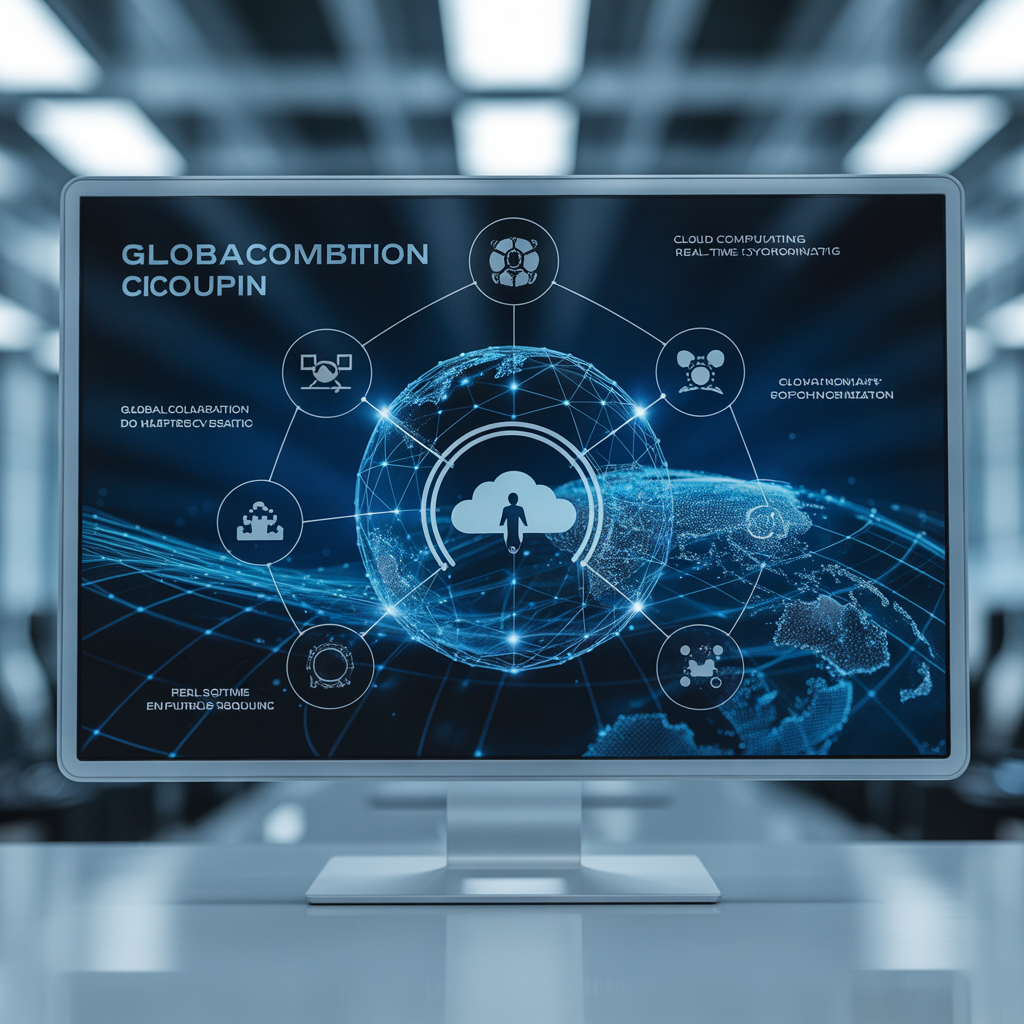 A futuristic digital hub on a high-resolution display, showing icons of global collaboration, cloud computing, and real-time synchronization. Professional aesthetic. No people. No women.